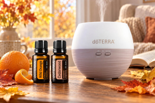Дифузер doTERRA Petal и масла Wild Orange и Cedarwood върху дървена маса с портокал и златисти есенни листа.